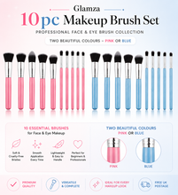 Load image into Gallery viewer, Glamza 10pc Makeup Brush Set – Professional Face &amp; Eye Brush Collection – Pink or Blue