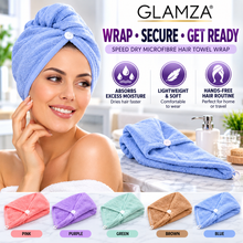 Load image into Gallery viewer, Glamza Speed Dry Adult Size Microfibre Hair Towel Wrap – Quick Dry Hair Towel