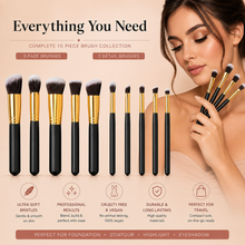 Load image into Gallery viewer, 10pc Black &amp; Gold Makeup Brush Set – Perfect for Flawless Application | Free UK Delivery