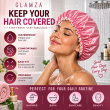 Load image into Gallery viewer, Glamza Luxury Waterproof Shower Cap – Reusable Elasticated Hair Protection – Pink or Gold
