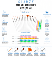 Load image into Gallery viewer, Glamza 20pc Nail Art Brushes &amp; Dotting Set | Professional Nail Art Kit | Free UK Delivery