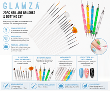 Load image into Gallery viewer, Glamza 20pc Nail Art Brushes &amp; Dotting Set | Professional Nail Art Kit | Free UK Delivery