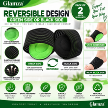 Load image into Gallery viewer, Glamza Reversible Cushioned Foot Arch Supports – 2 Pack &amp; 4 Pack | Black &amp; Green Padded Arch Support