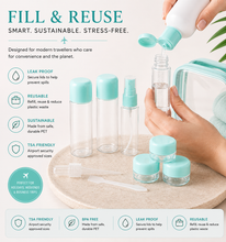 Load image into Gallery viewer, Glamza 9 Piece Travel Bottle Set with Carry Bag – Pink or Green Lids | Free UK Delivery