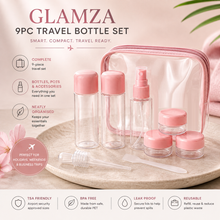 Load image into Gallery viewer, Glamza 9 Piece Travel Bottle Set with Carry Bag – Pink or Green Lids | Free UK Delivery