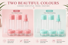 Load image into Gallery viewer, Glamza 9 Piece Travel Bottle Set with Carry Bag – Pink or Green Lids | Free UK Delivery
