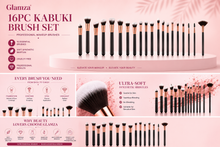 Load image into Gallery viewer, Glamza 16pc Kabuki Make Up Brush Set - Black and Gold
