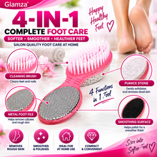 Load image into Gallery viewer, Glamza 4-in-1 Foot Exfoliating Pedicure Tool – Callus Remover, Foot File, Pumice Stone &amp; Cleaning Brush