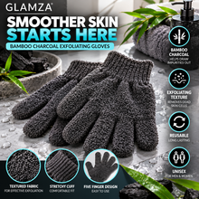 Load image into Gallery viewer, Glamza Bamboo Charcoal Exfoliating Gloves – Unisex Bath &amp; Shower Body Scrub Gloves