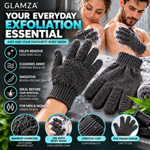 Load image into Gallery viewer, Glamza Bamboo Charcoal Exfoliating Gloves – Unisex Bath &amp; Shower Body Scrub Gloves
