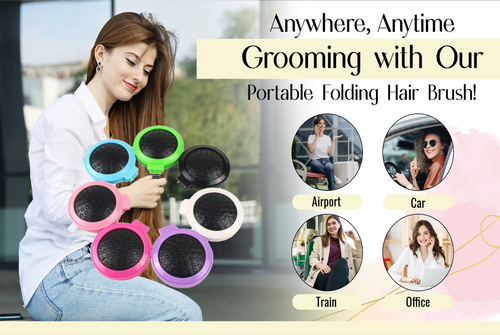 2-in-1 Mini Folding Detangle Hair Brush with Mirror - 4 Great Colours