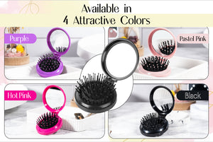 2 in 1 Folding Detangle Hair Brushes with Mirror - Round
