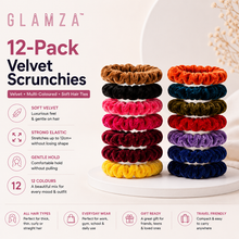 Load image into Gallery viewer, Glamza 12 Pack Hair Scrunchies – Velvet or Standard - Multi-Coloured Soft Hair Ties with Free UK Delivery