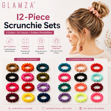 Load image into Gallery viewer, Glamza 12 Pack Hair Scrunchies – Velvet or Standard - Multi-Coloured Soft Hair Ties with Free UK Delivery