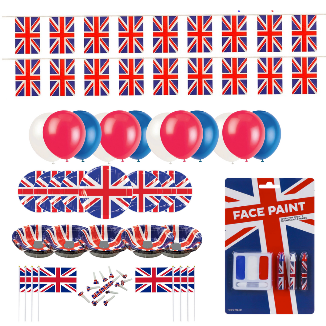 Queens Jubilee Decorations 2022 - Union Jack Platinum Jubilee Street Party Pack Set Includes Bunting, Balloons, Flags, Plates, Bowls, Blowers & Face Paint