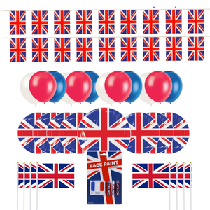 Queens Jubilee Decorations 2022 - Union Jack Platinum Jubilee Street Party Pack Set Includes Bunting, Balloons, Flags, Plates & Face Paint