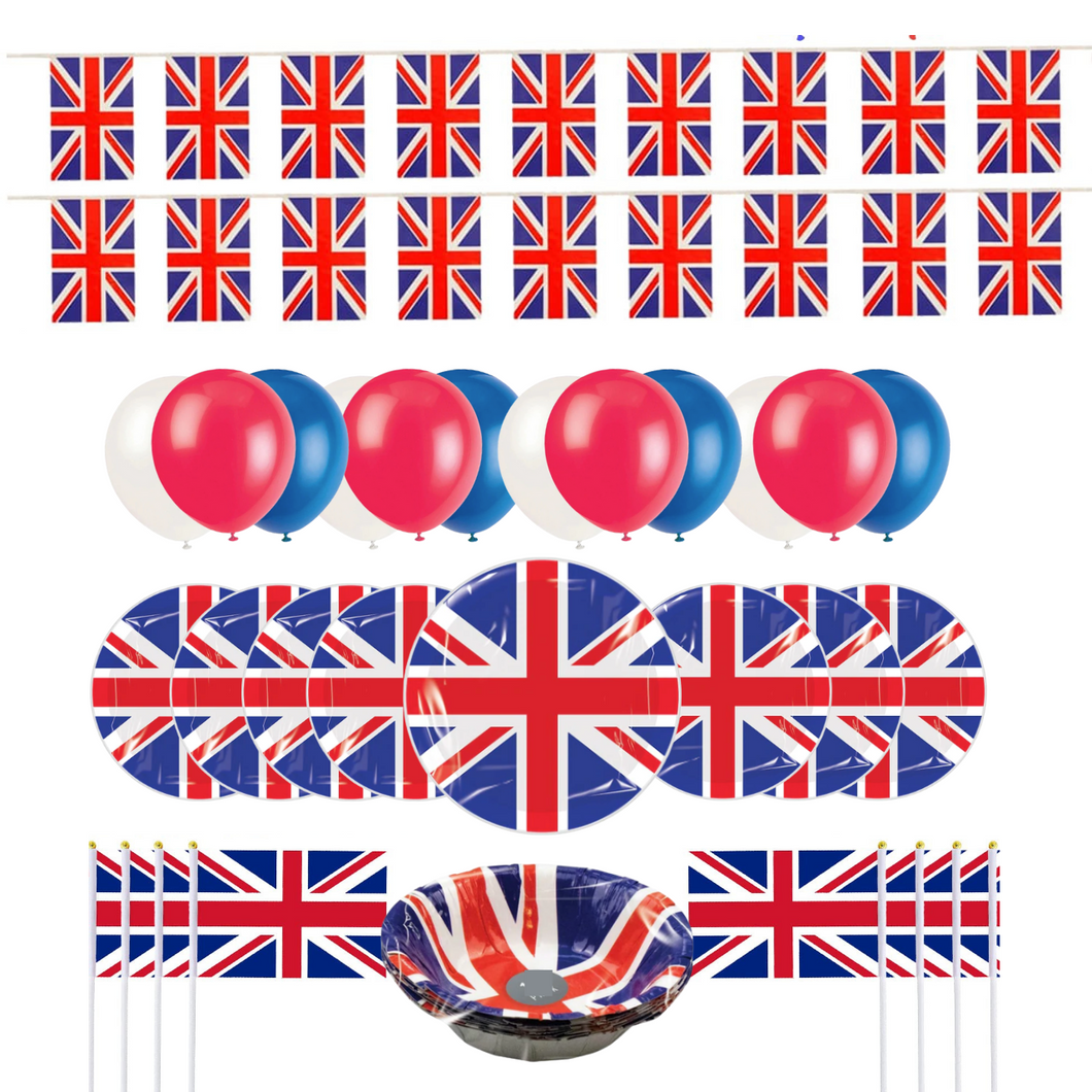 Queens Jubilee Decorations 2022 - Union Jack Platinum Jubilee Street Party Pack Set Includes Bunting, Balloons, Flags, Plates & Bowls
