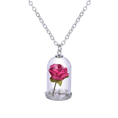Beauty and the Beast Inspired Red Rose in Dome Pendant Necklace